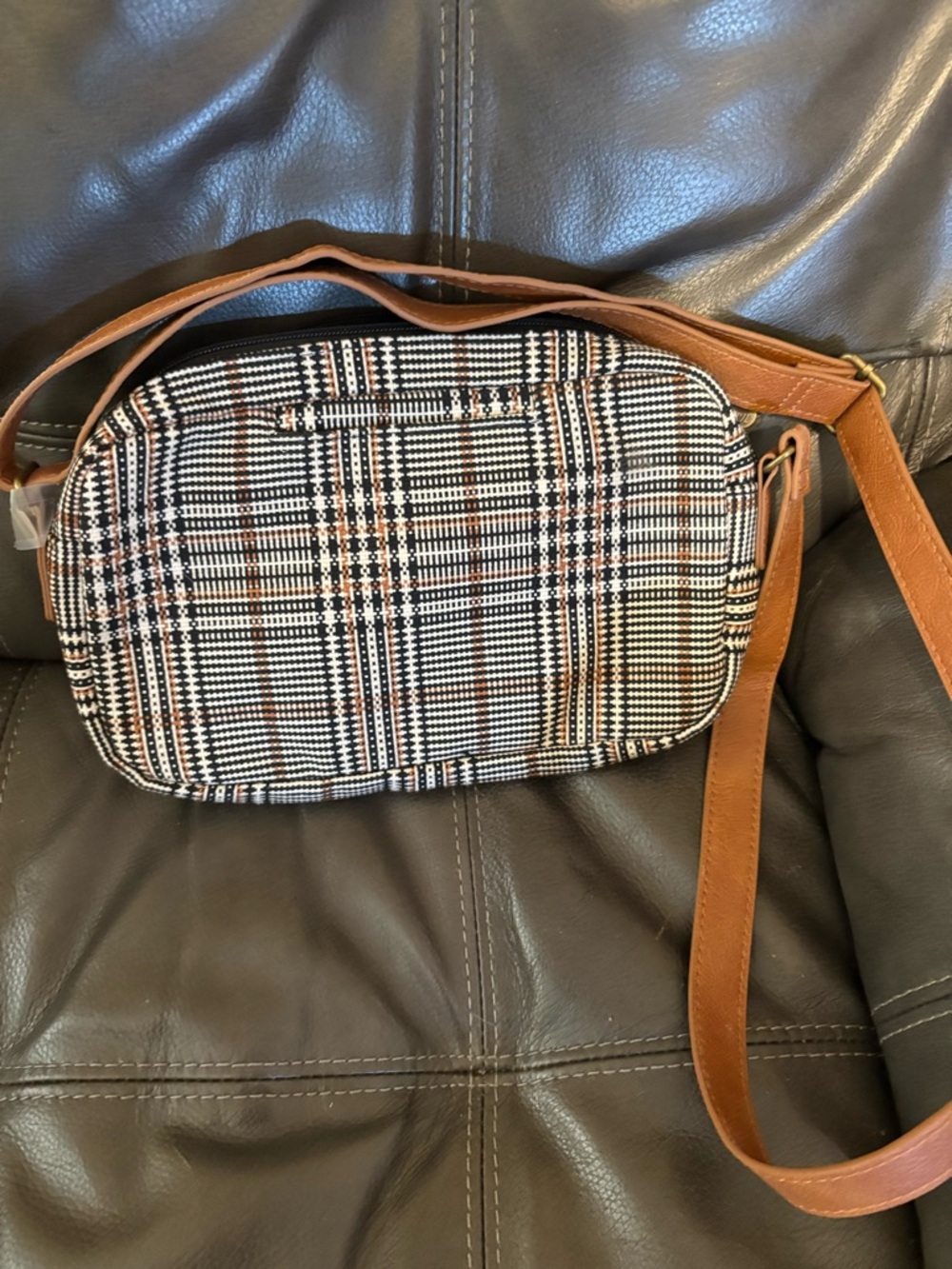 thirty-one Black and Cream Plaid Crossbody with Brown Strap